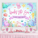 Niedlicher Meerestier Hintergrund mit blauem Meer und alles Gute zum Geburtstag